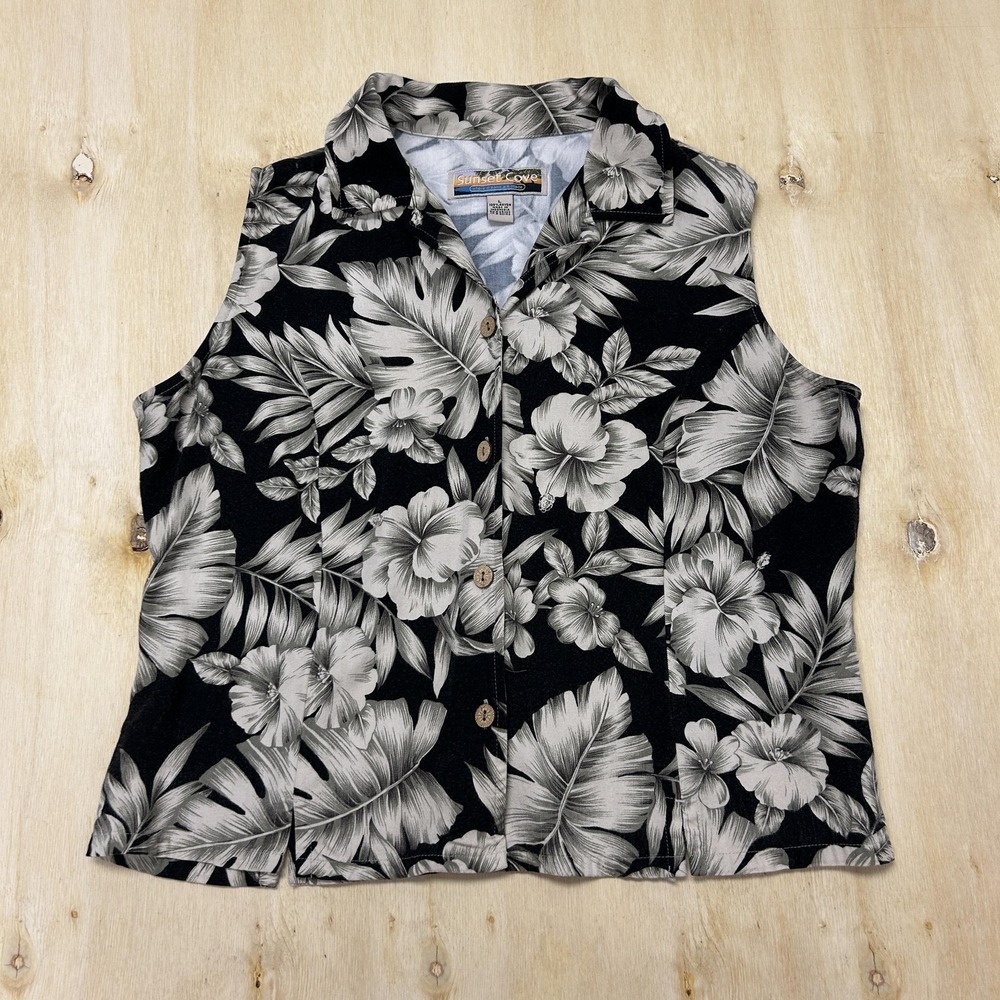 Sunset Cove Blouse Womens Large Black Floral Hawaiian Button Front Rayon Top